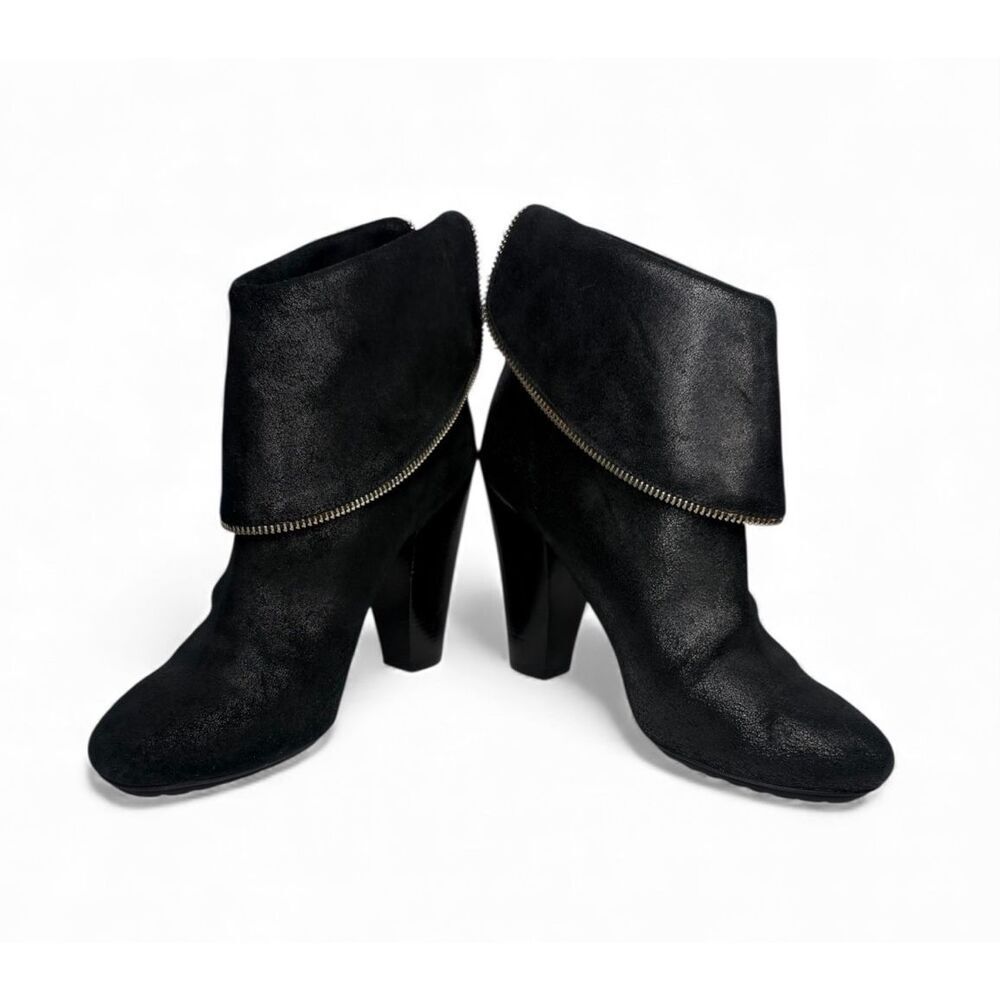 Michael Kors Black Leather Fold-Over Ankle Booties Zip Heel Women 9 - Picture 2 of 10